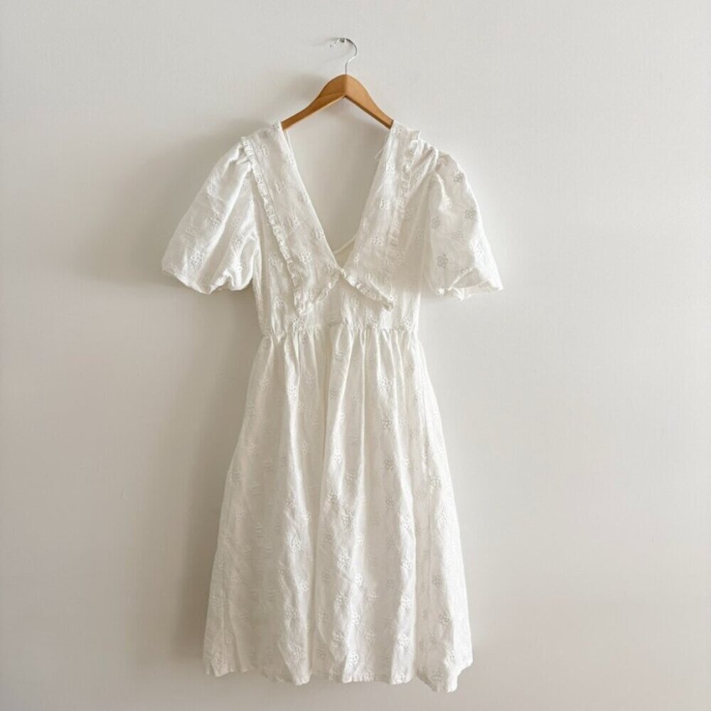 Zara Cutwork Embroidery Midi Dress Voluminous Sleeves Tulle Lining White Medium - Picture 6 of 11